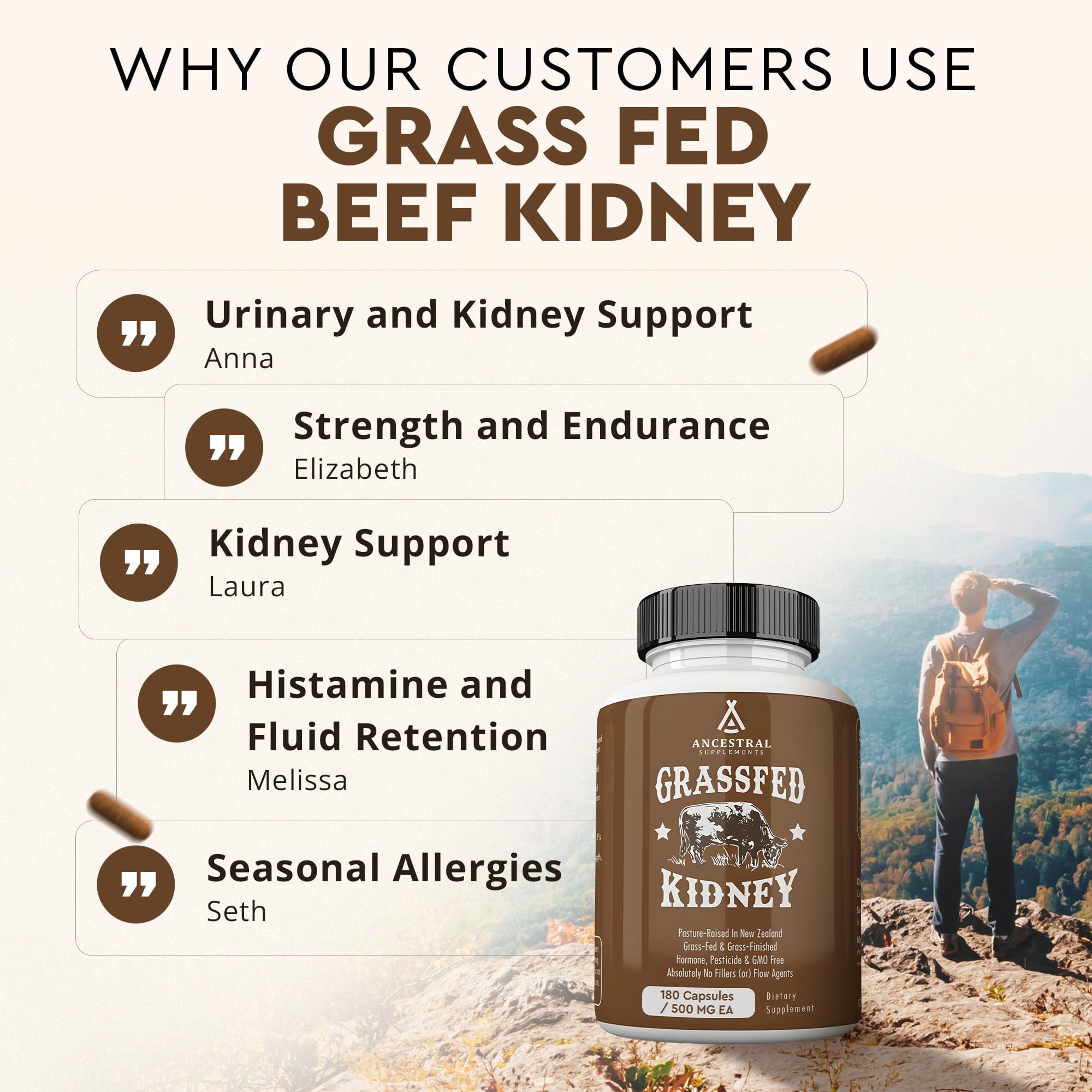 Ancestral Supplements Grass Fed Beef Kidney Supplement, 3000mg, 180 Ct | DAO enzyme-rich formula for kidney support and kidney health, promoting urinary & histamine balance with B12.
