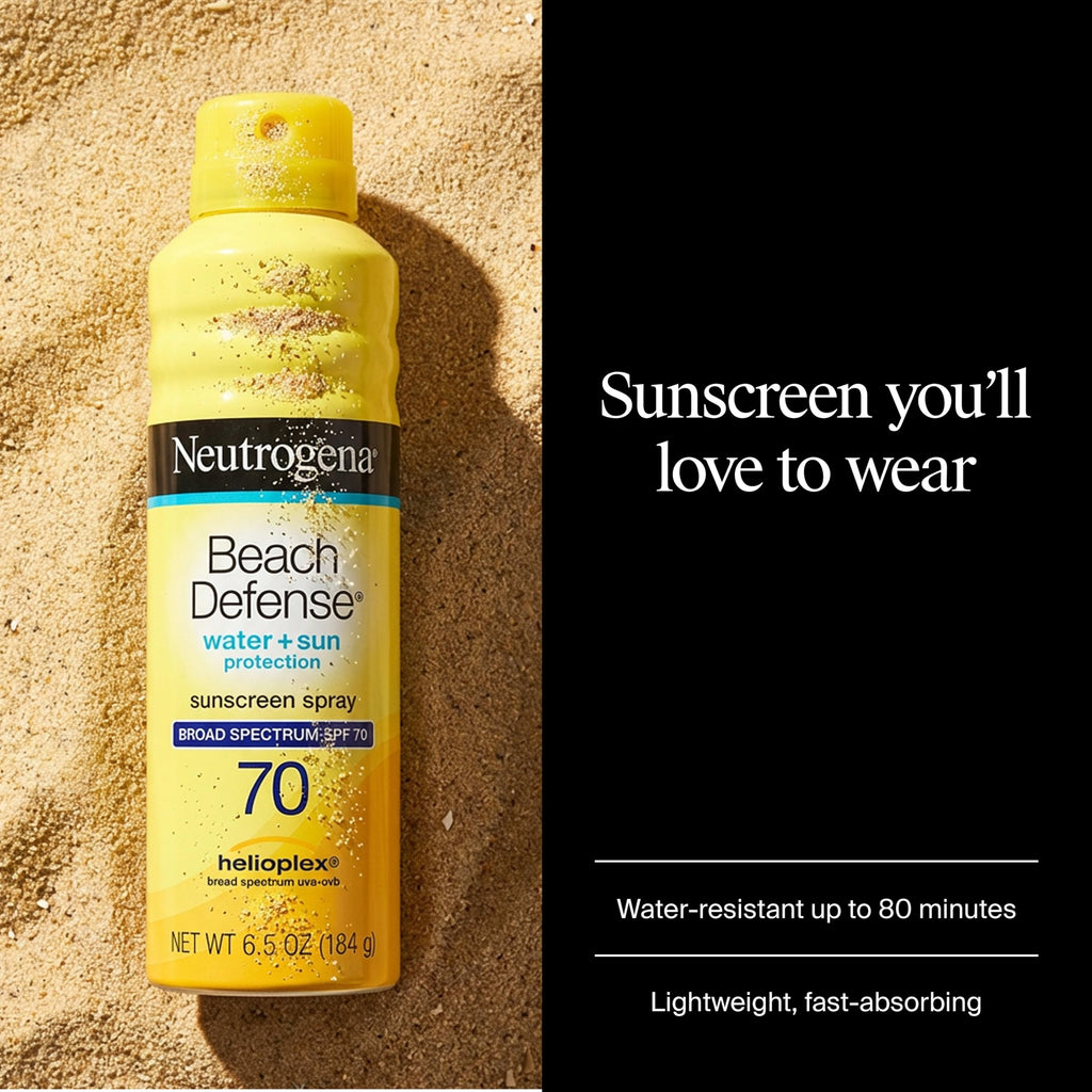 Neutrogena Beach Defense Sunscreen Spray, SPF 70, 6.5 oz | Face & Body, Broad Spectrum for UVA/UVB Protection, Lightweight Sunscreen, Water-Resistant up to 80 Minutes, Beach-Strength