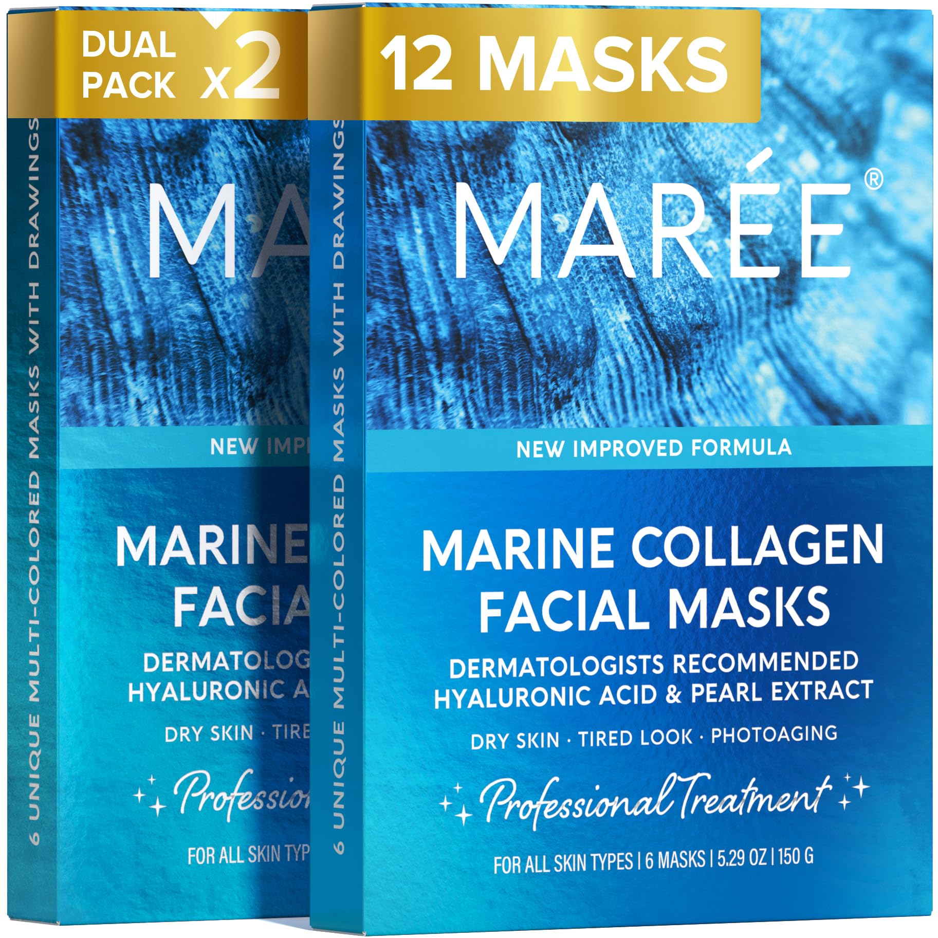 MAREE Collagen Facial Mask with Hyaluronic Acid — Sheet Face Mask Skincare — Centella Asiatica, Green & Red Algae Extract — Hydrating Facemask For Women Skin Care — Mascarillas Para La Cara — 6 Count