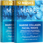 MAREE Collagen Facial Mask with Hyaluronic Acid — Sheet Face Mask Skincare — Centella Asiatica, Green & Red Algae Extract — Hydrating Facemask For Women Skin Care — Mascarillas Para La Cara — 6 Count