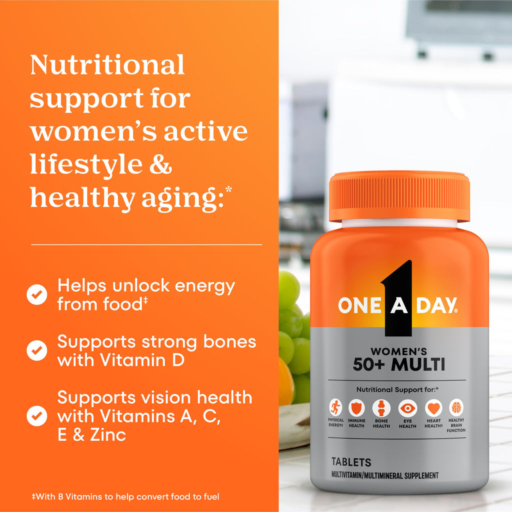 One A Day Multivitamin for Women 50 and Over Tablets, Womens Multivitamin 50 plus with Vitamins D, C, E, Zinc & Biotin, Daily Vitamins for Woman 50+, 100 Ct (Packaging May Vary)