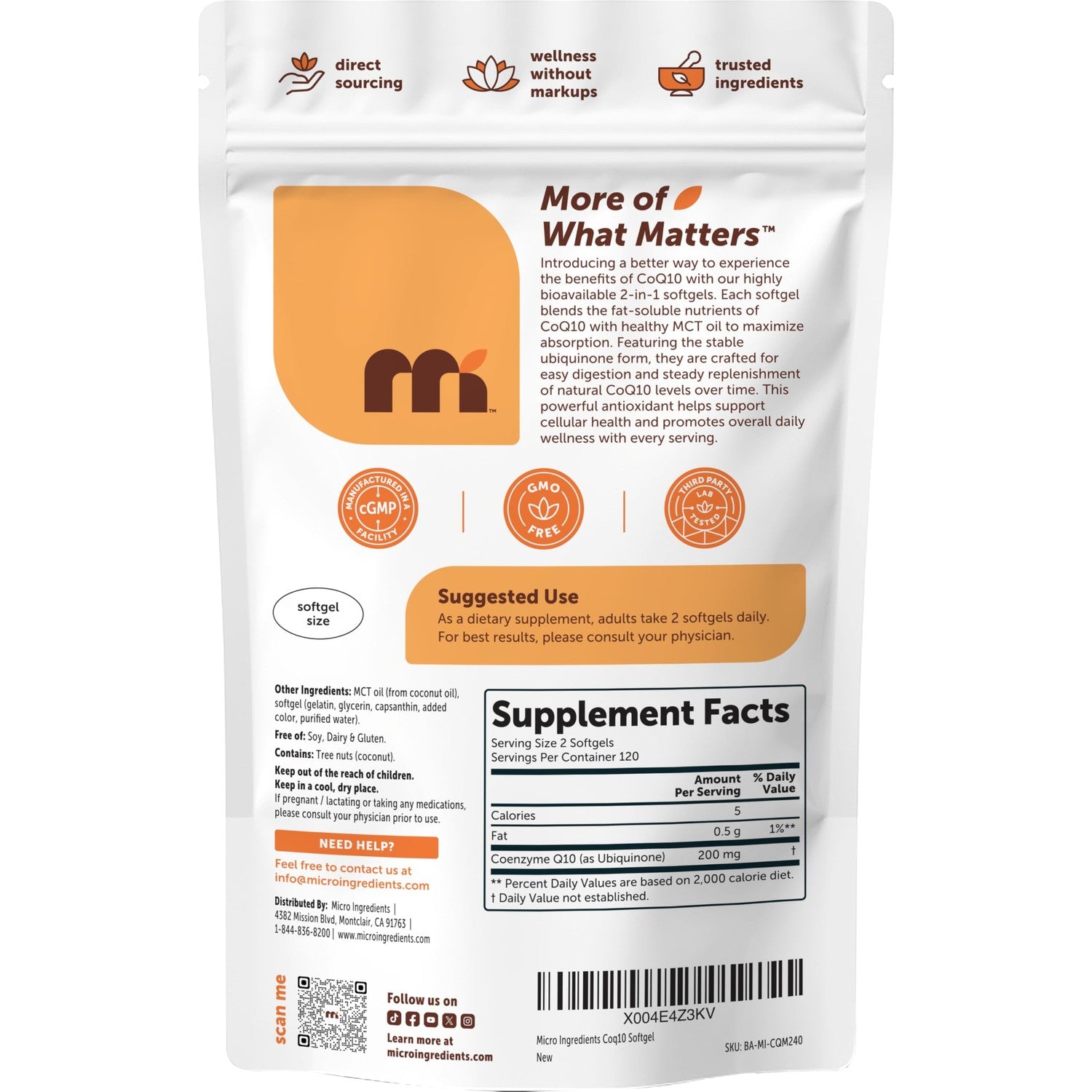 Micro Ingredients CoQ10 200mg Per Serving, 240 Softgels | Made with Coconut MCT Oil | Coenzyme Q10 (Ubiquinone) | Non-GMO