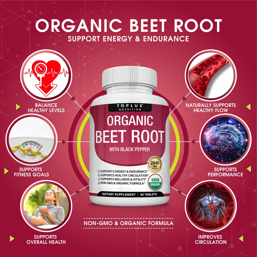 Toplux Organic Beet Root Powder Tablets - 2040mg Natural Nitric Oxide Beets to Support, Energy, Black Pepper Better Absorption, Non-GMO, for Men Women, 90 Tablets