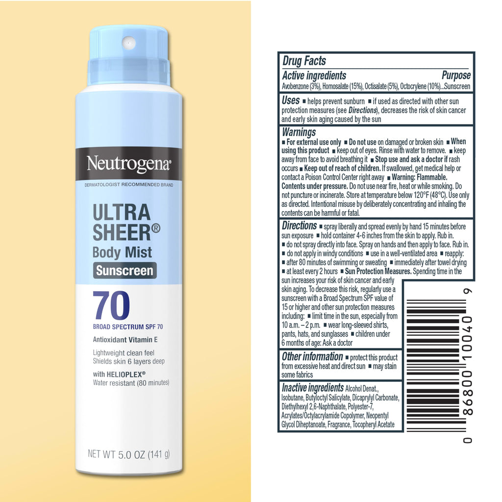 Neutrogena Ultra Sheer Dry Touch Sunscreen Spray, SPF 70, 3 x 5 oz | Broad Spectrum UVA/UVB Protection, Lightweight Spray, Water-Resistant up to 80 Minutes, PABA-, & Oxybenzone-Free