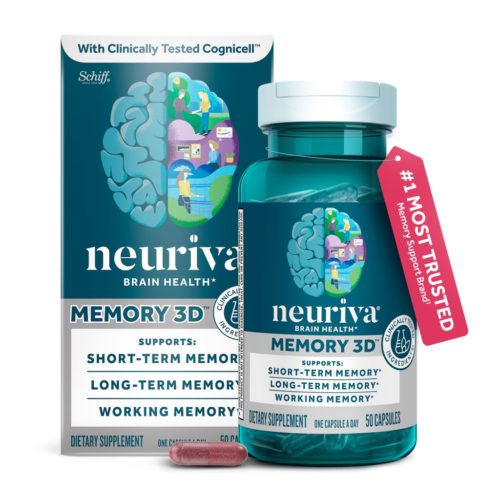 NEURIVA Memory 3D Brain Supplement - Nootropic Capsules for Memory, Focus & Cognitive Function - Short Term, Long Term, & Working Memory Support - 50 Count (Pack of 2)