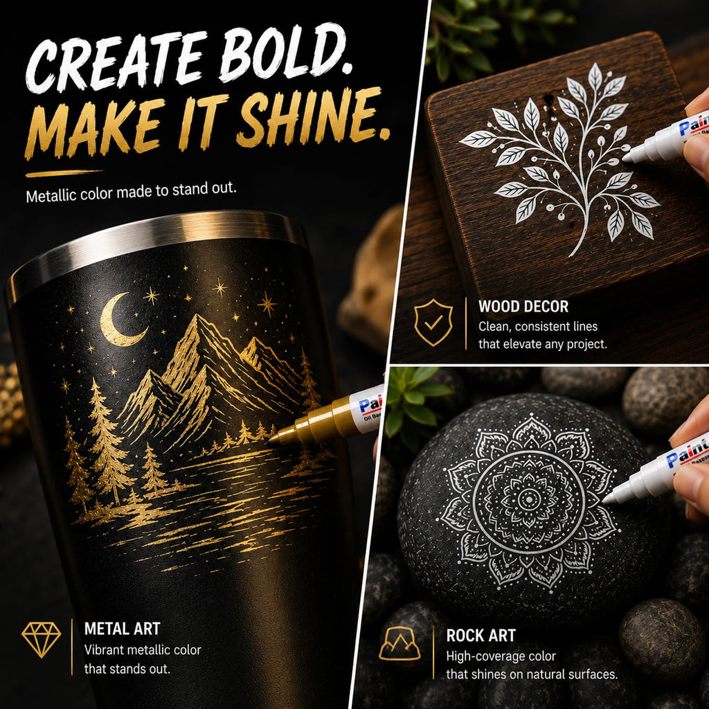 Paint Markers 4 Colors Oil Based Paint Pens – Gold, Silver, Black & White Permanent Paint Marker Set for Metal, Wood, Glass, Rock, Fabric – Waterproof Quick Dry, Easter Egg Decorating & DIY Crafts