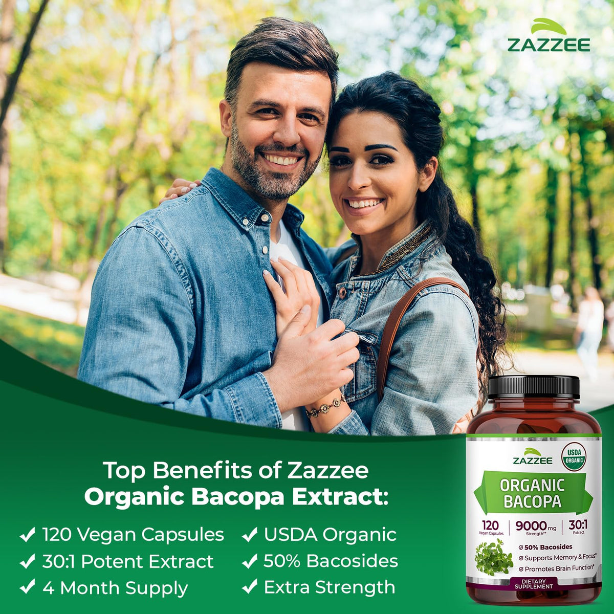 Zazzee USDA Organic Bacopa 30:1 Extract, 50% Bacosides, 120 Vegan Capsules