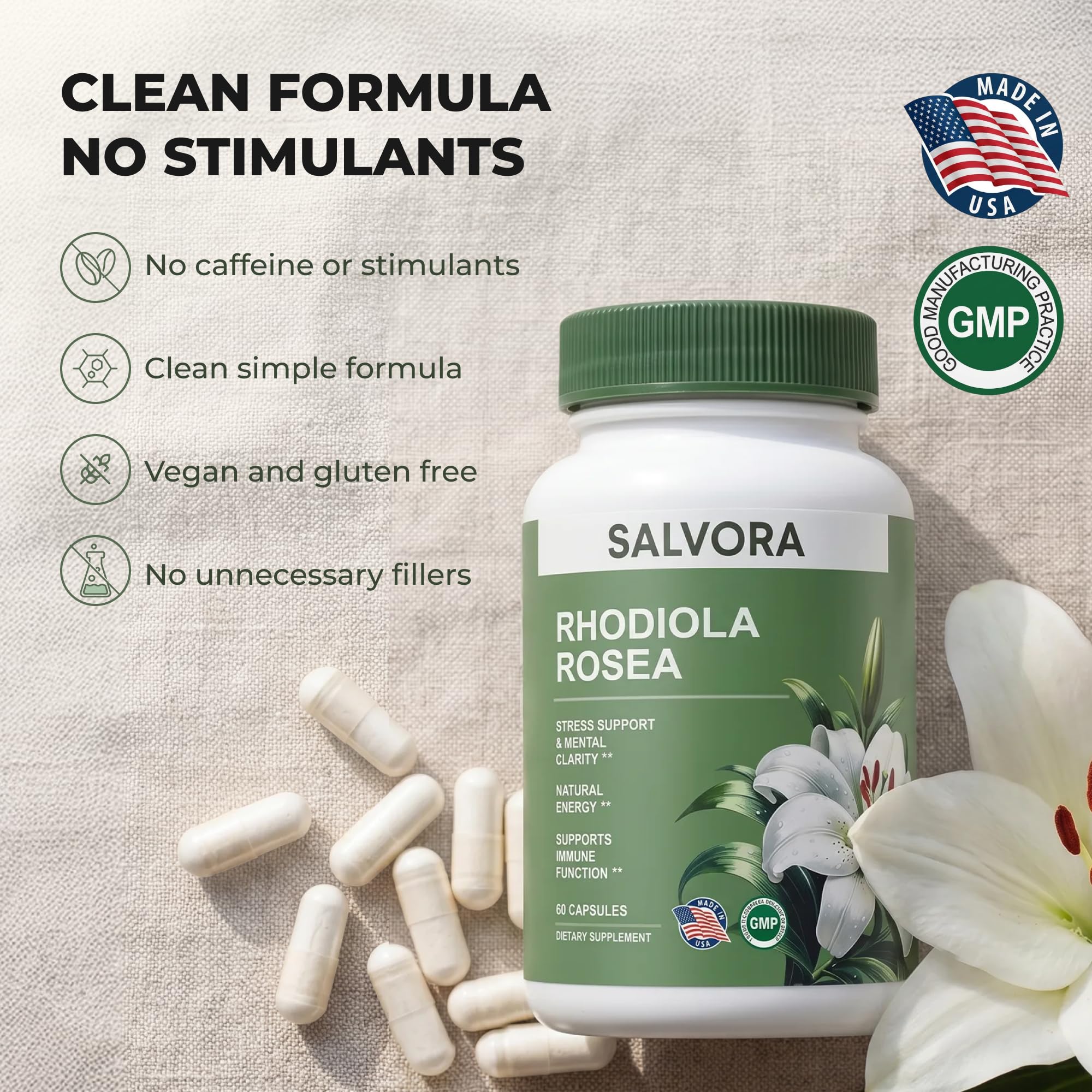 Rhodiola Rosea Supplement – Golden Root Adaptogen Capsules - Rhodiola Rosea Extract Powder Alternative with Salidroside for Stress Support - Energy, Focus & Performance