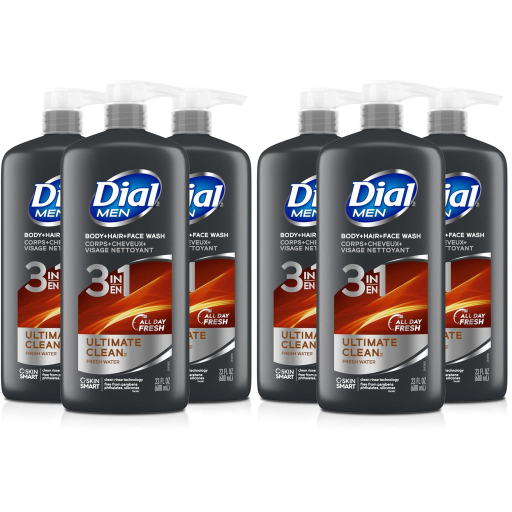 Dial Men 3-in-1 Body, Hair and Face Wash, Recharge, 23 Fl Oz, 3-Pack | Total 69 Fl Oz, clean rinse technology, moisturizing formula, includes 3 bottles, rich lather, suitable for daily use