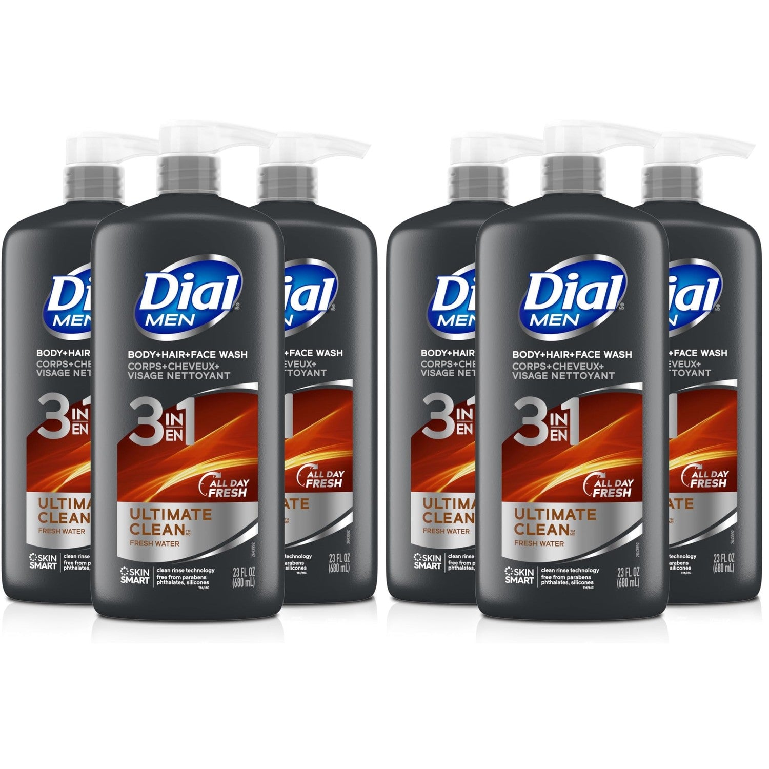 Dial Men 3-in-1 Body, Hair and Face Wash, Recharge, 23 Fl Oz, 3-Pack | Total 69 Fl Oz, clean rinse technology, moisturizing formula, includes 3 bottles, rich lather, suitable for daily use