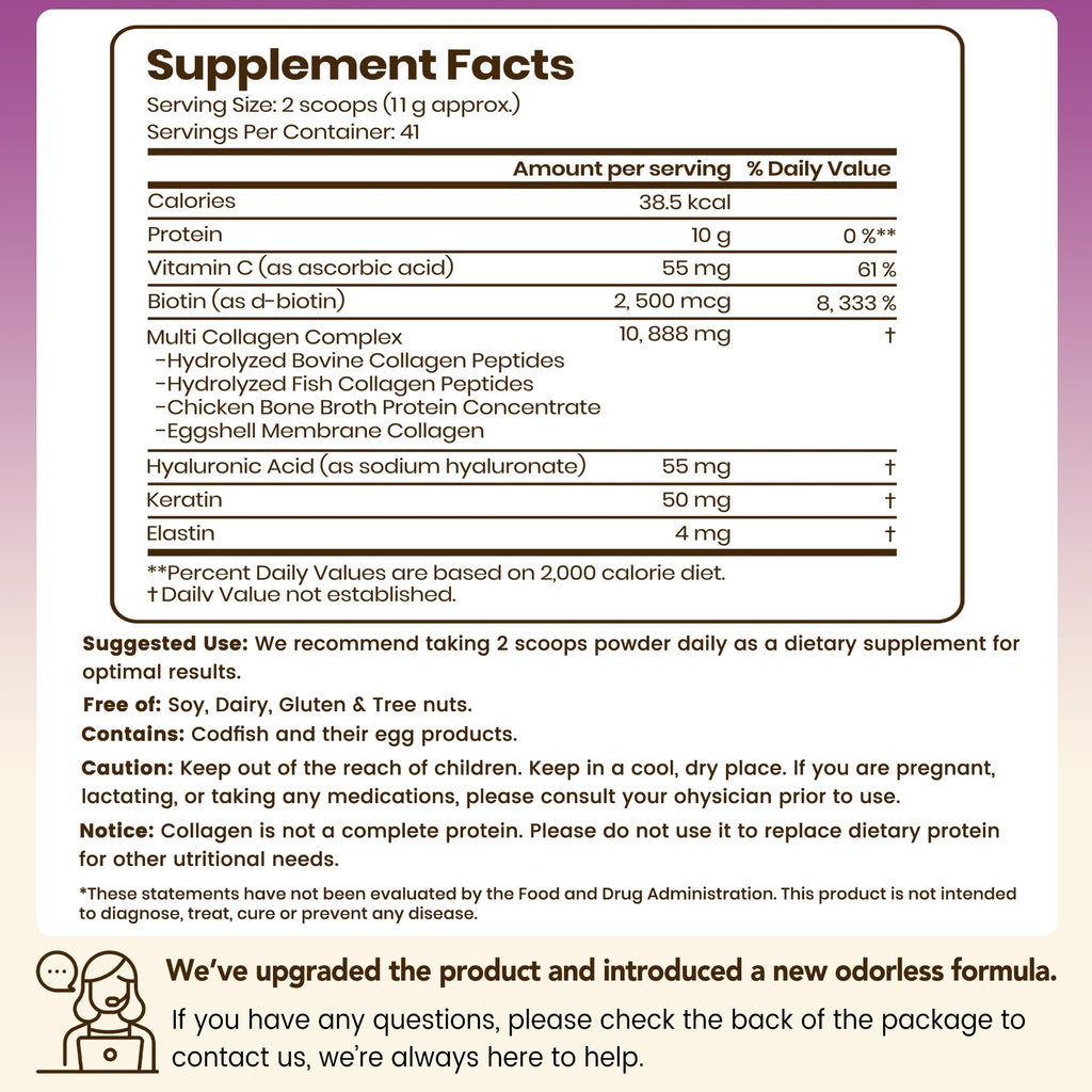 VEV Multi Collagen Peptides Powder, Types I, II, III, V & X, 41 Servings | NSF Certified, Hydrolyzed Collagen with Hyaluronic Acid, Biotin & Vitamin C, Unflavored, 16 oz