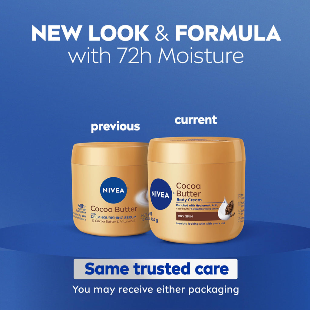 NIVEA Cocoa Butter Body Cream with Hyaluronic Acid, 16 OZ | Cocoa Butter Body Cream with Hyaluronic Acid and Deep Nourishing Serum, For Radiant and Smooth Skin, 72-Hour Body Moisturizer