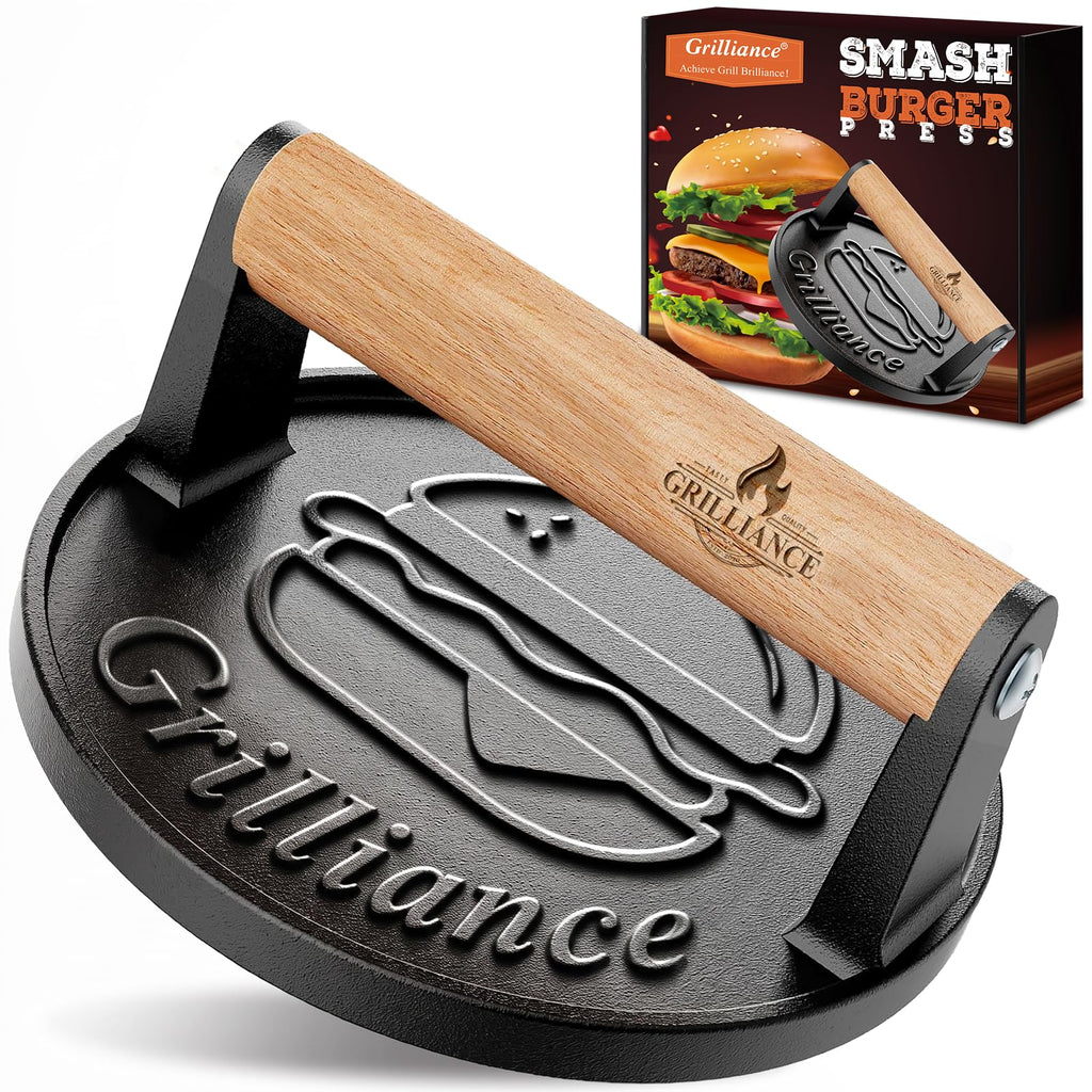 Grilliance Smash Burger Press Kit, Cast Iron Flat Round Hamburger Smasher 6.6"