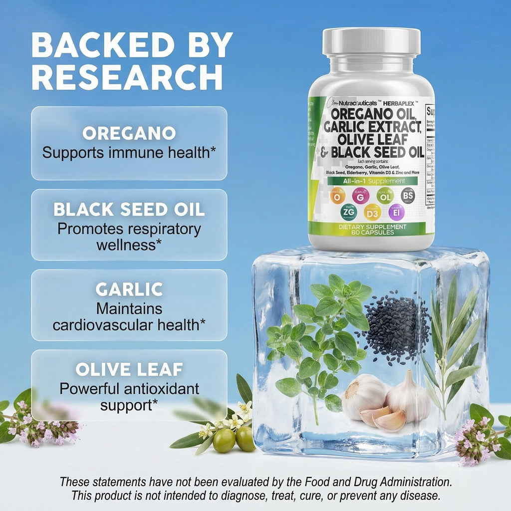 Clean Nutra Oregano Oil with Black Seed Oil Garlic Olive Leaf Extract - Oil of Oregano Capsules Immune Support Carvacrol & Thymoquinone Supplement for Women and Men + Elderberry Vitamin D3 & Zinc