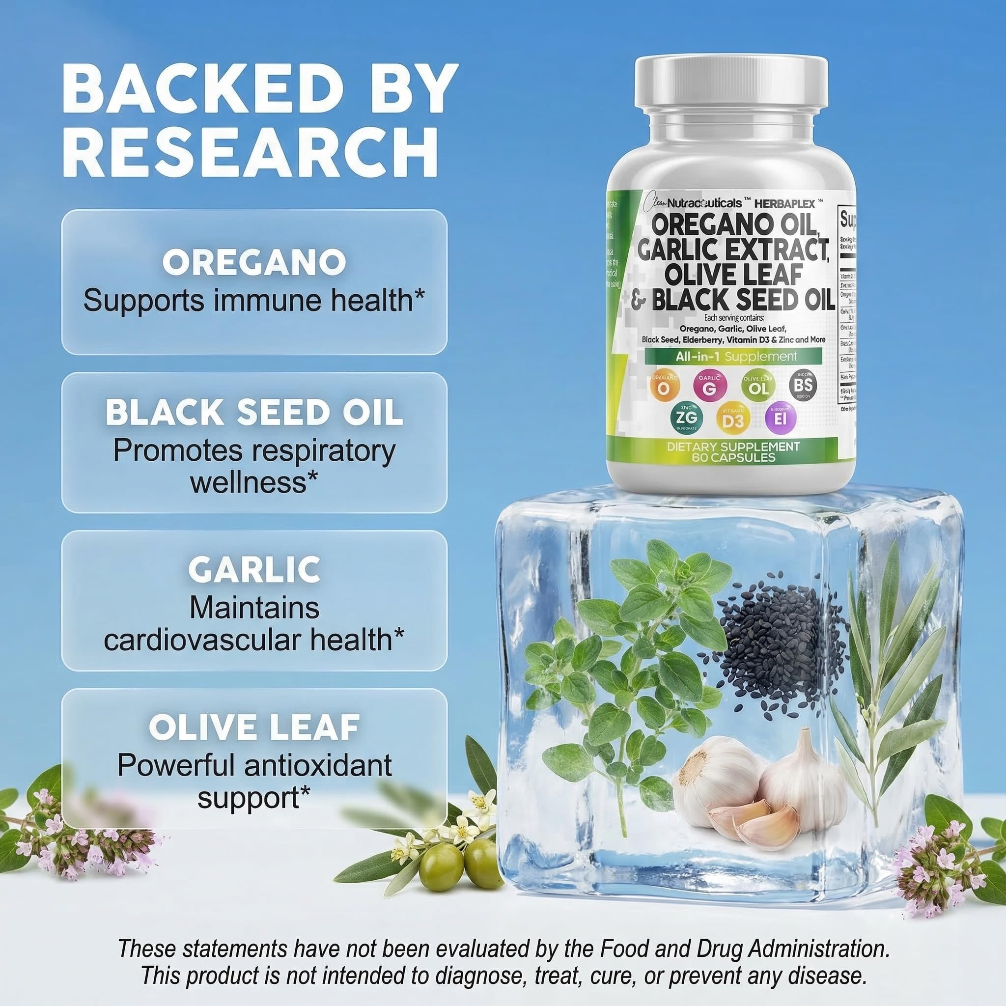 Clean Nutra Oregano Oil with Black Seed Oil Garlic Olive Leaf Extract - Oil of Oregano Capsules Immune Support Carvacrol & Thymoquinone Supplement for Women and Men + Elderberry Vitamin D3 & Zinc