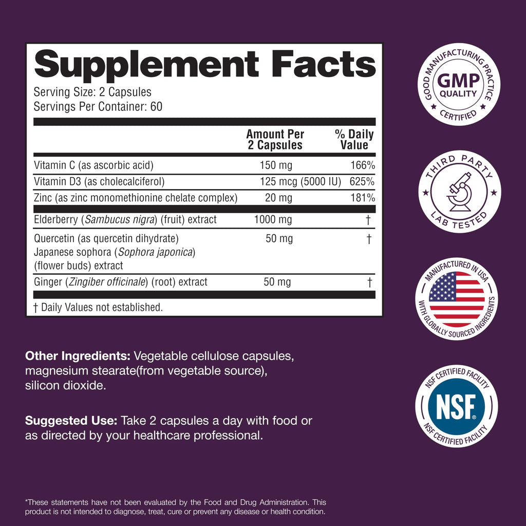 Elderberry Vitamin C and Zinc Capsules with D3 and Quercetin, 120 Count | 6-in-1 Immune Support Supplements For Adults, Sambucus Extract Zink Ginger USA Made in NSF GMP Certified Facility By Sandhu's