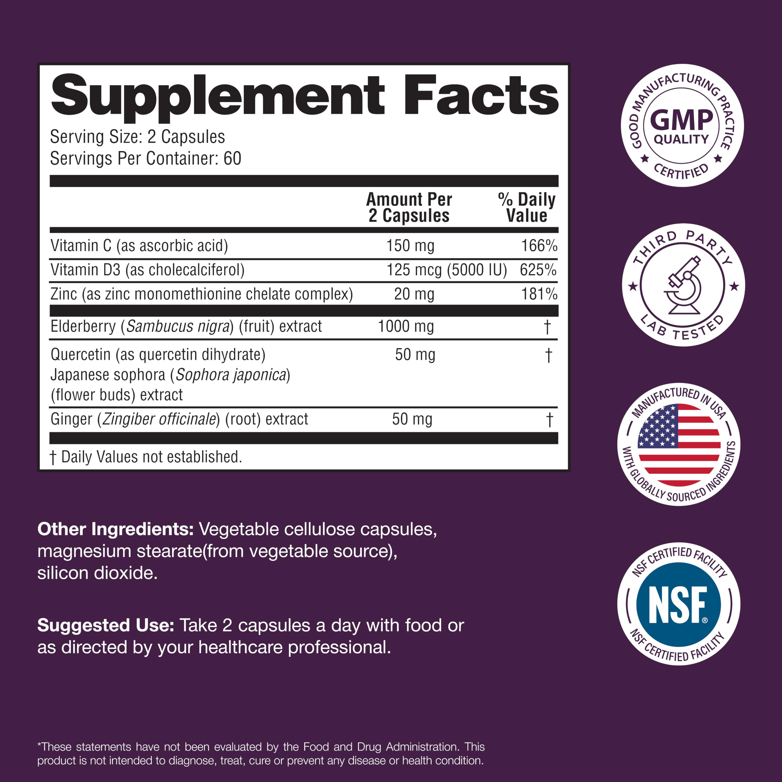 Elderberry Vitamin C and Zinc Capsules with D3 and Quercetin, 120 Count | 6-in-1 Immune Support Supplements For Adults, Sambucus Extract Zink Ginger USA Made in NSF GMP Certified Facility By Sandhu's