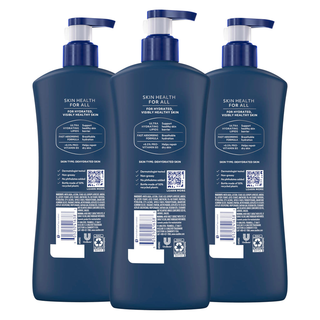 Vaseline Men Fast Absorbing 3in1 Hand, Body & Face Lotion 20.3oz 3ct | Body moisturizer for men provides 48HR moisture, restores skin hydration, absorbs fast with a non-greasy feel, for dry skin