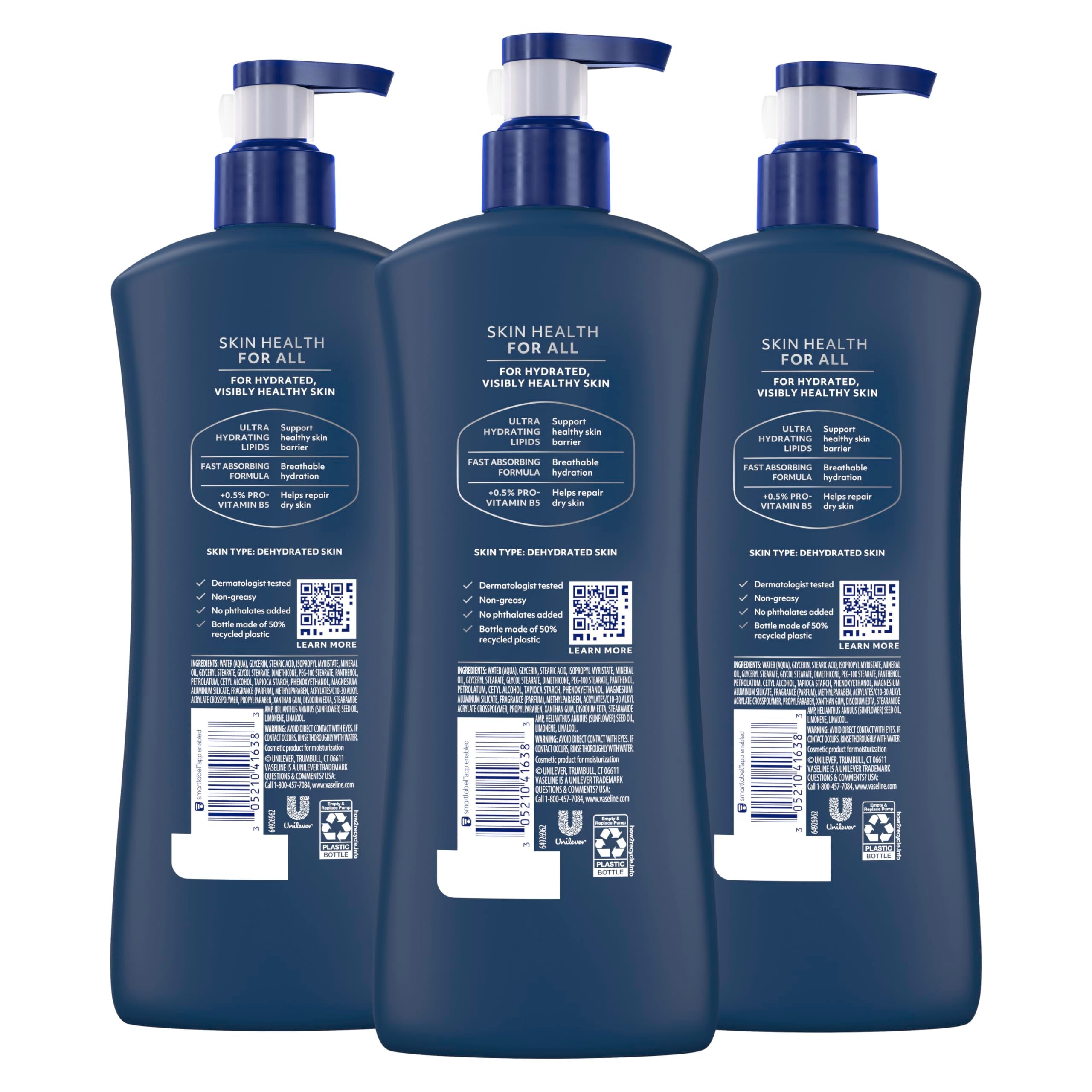 Vaseline Men Fast Absorbing 3in1 Hand, Body & Face Lotion 20.3oz 3ct | Body moisturizer for men provides 48HR moisture, restores skin hydration, absorbs fast with a non-greasy feel, for dry skin
