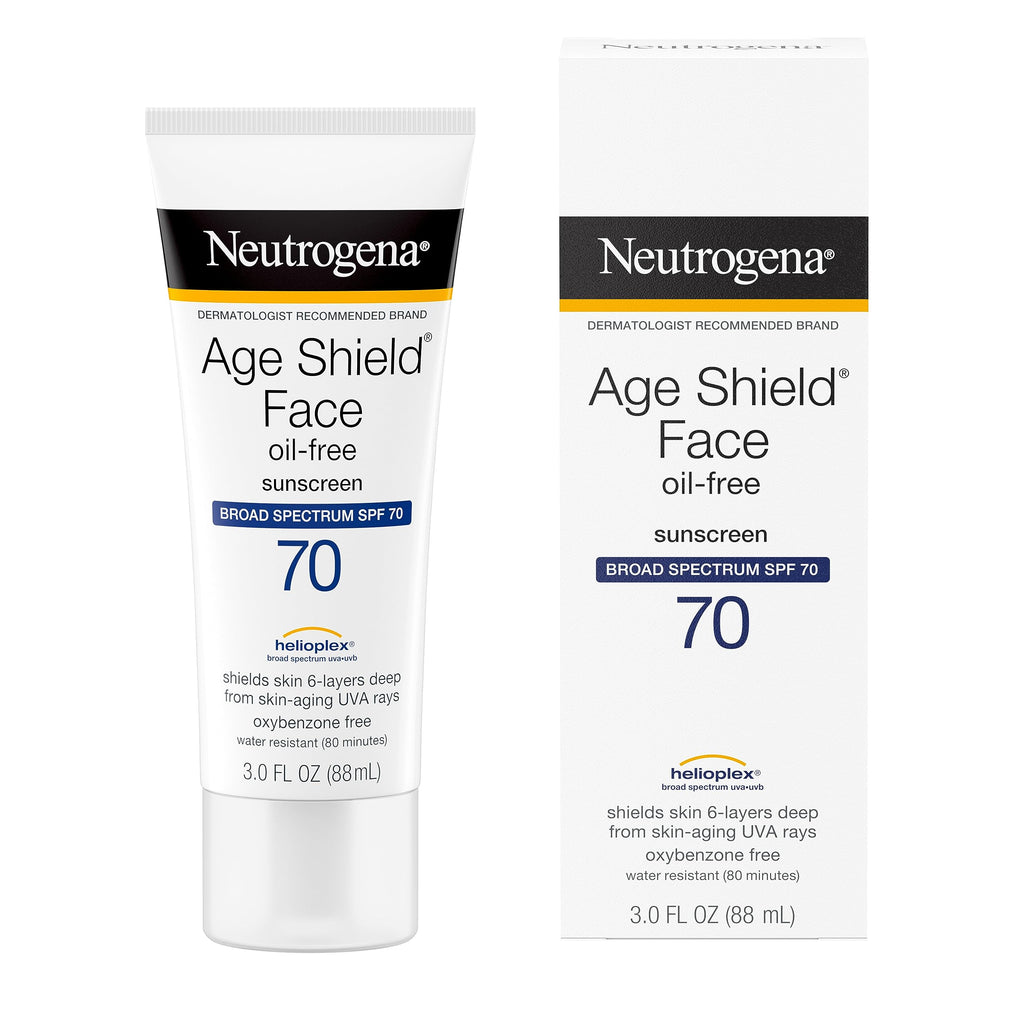 Buy now Neutrogena Age Shield Face Oil-Free Sunscreen Lotion with Broad Spectrum SPF 70, Non-Comedogenic Moisturizing Sunscreen to Help Prevent Signs of Aging, PABA-Free, 3 fl. oz (Pack of 3) at indiglob india