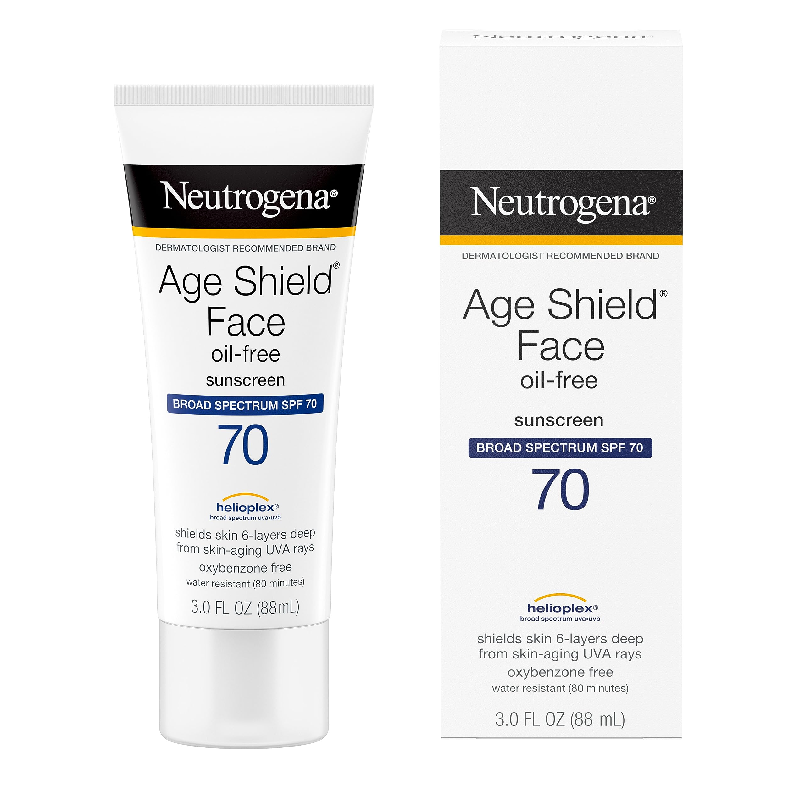 Buy now Neutrogena Age Shield Face Oil-Free Sunscreen Lotion with Broad Spectrum SPF 70, Non-Comedogenic Moisturizing Sunscreen to Help Prevent Signs of Aging, PABA-Free, 3 fl. oz (Pack of 3) at indiglob india