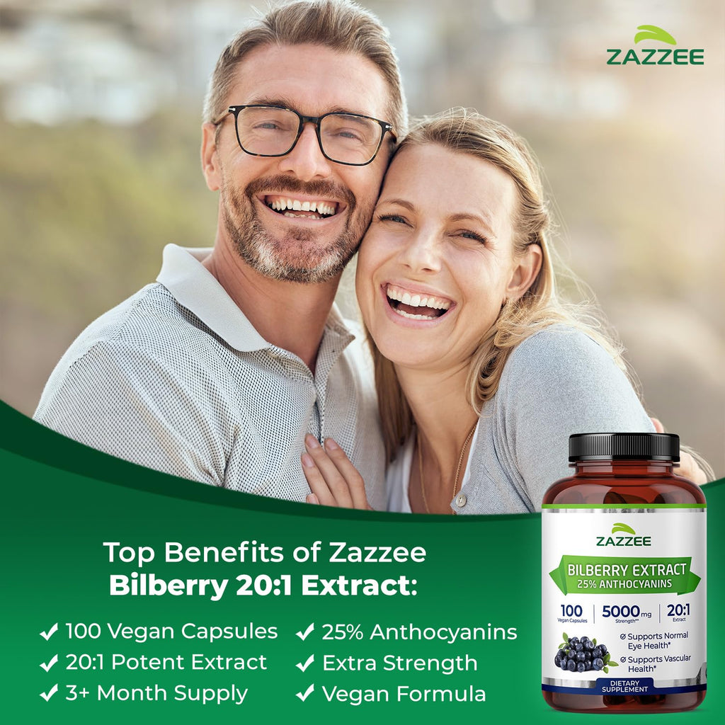 Zazzee Extra Strength Bilberry 20:1 Extract, 25% Anthocyanins, 100 Capsules
