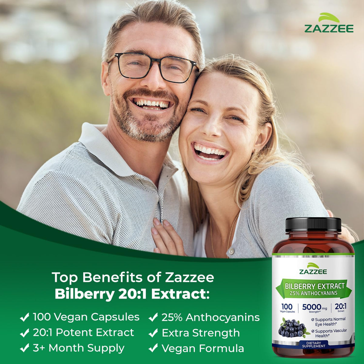 Zazzee Extra Strength Bilberry 20:1 Extract, 25% Anthocyanins, 100 Capsules