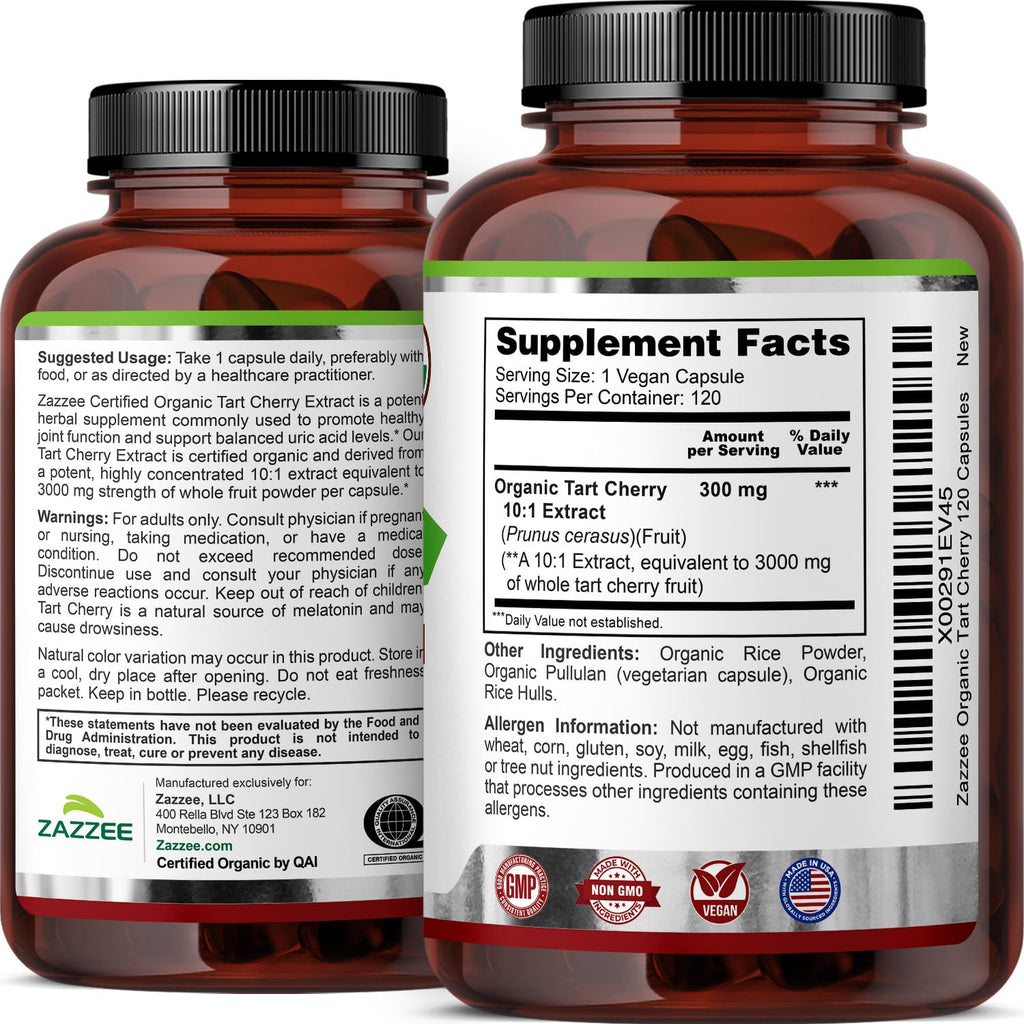 Zazzee USDA Organic Tart Cherry 10:1 Extract, 120 Capsules, 4 Month Supply | Vegan, Montmorency Cherry, Daily Wellness Antioxidant Support, Organic Herbal Supplement, All-Natural, Non-GMO, Made in USA