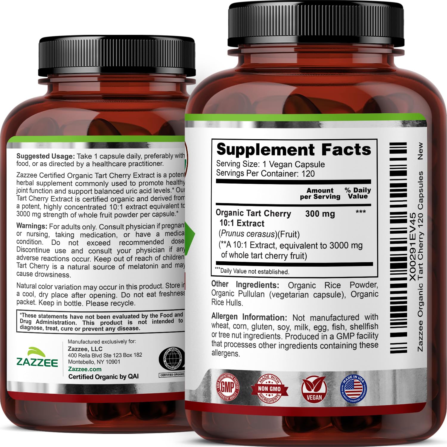 Zazzee USDA Organic Tart Cherry 10:1 Extract, 120 Capsules, 4 Month Supply | Vegan, Montmorency Cherry, Daily Wellness Antioxidant Support, Organic Herbal Supplement, All-Natural, Non-GMO, Made in USA