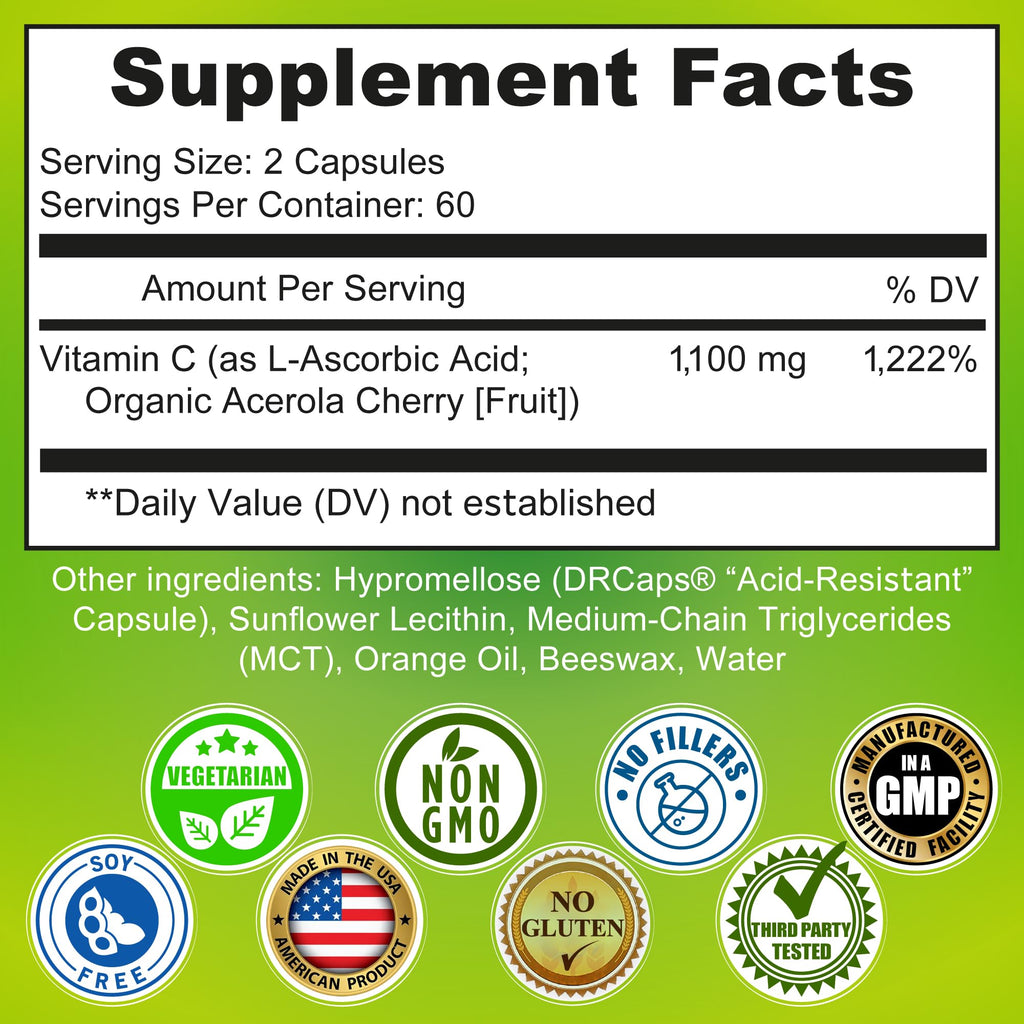 Liposomal Vitamin C Liquid Gel Capsules 1100mg - Made with Organic Acerola | Vitamin C Capsules for Immune Support - High Potency, Enhanced Absorption & Bioavailability, Daily Antioxidant Support, 120ct