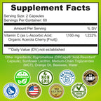 Liposomal Vitamin C Liquid Gel Capsules 1100mg - Made with Organic Acerola | Vitamin C Capsules for Immune Support - High Potency, Enhanced Absorption & Bioavailability, Daily Antioxidant Support, 120ct