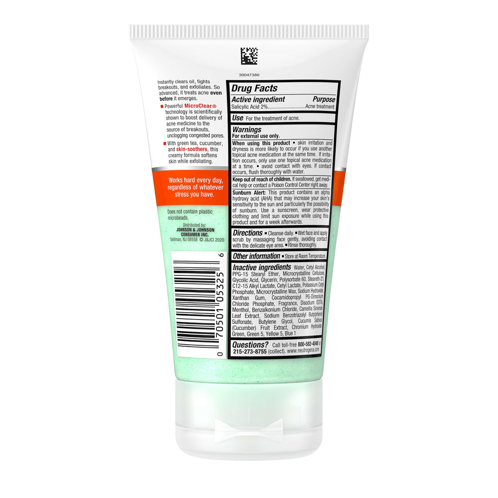 Neutrogena Oil Free Acne Stress Control Power Clear Face Scub, 4.2 fl oz | 2% Salicylic Acid, Acne-Prone Skin, Exfoliating Daily Facial Scrub
