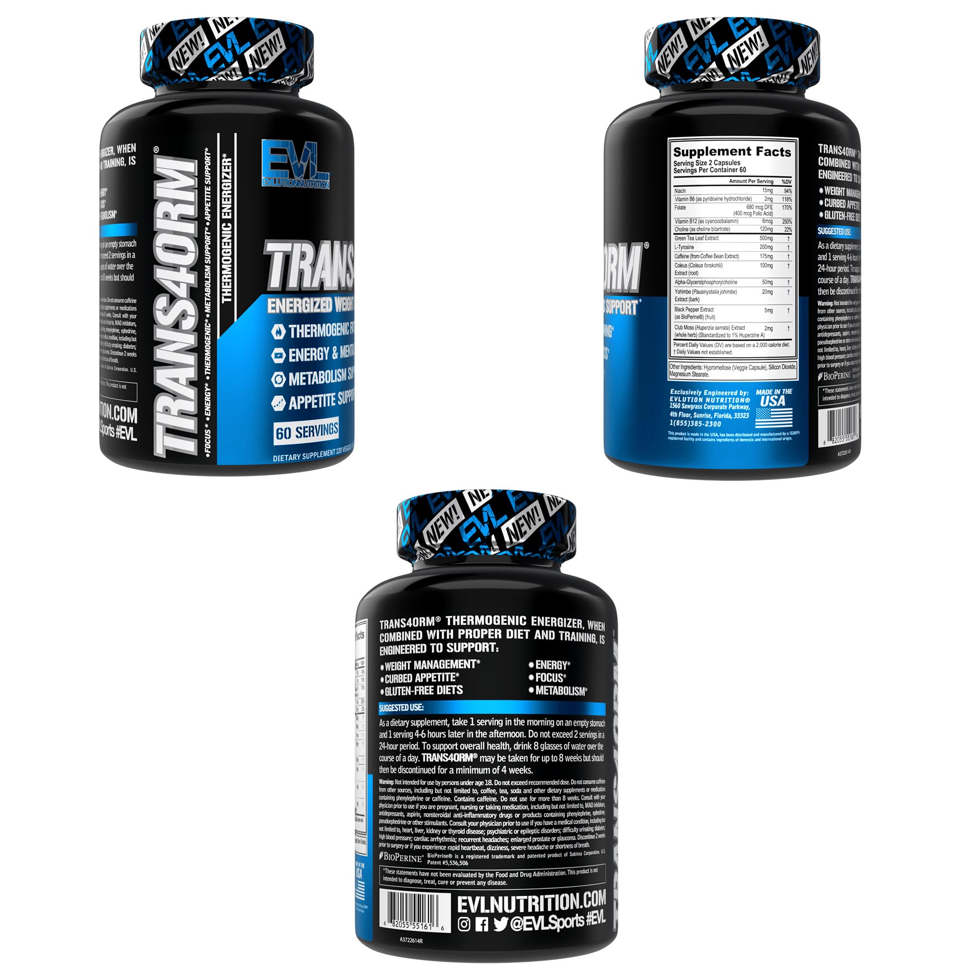 EVL Trans4orm - Thermogenic Fat Burner Support for Men & Women- 60 Servings | Fast Acting Weight Loss Energy and Appetite Support - Green Tea Supplement for Men and Women
