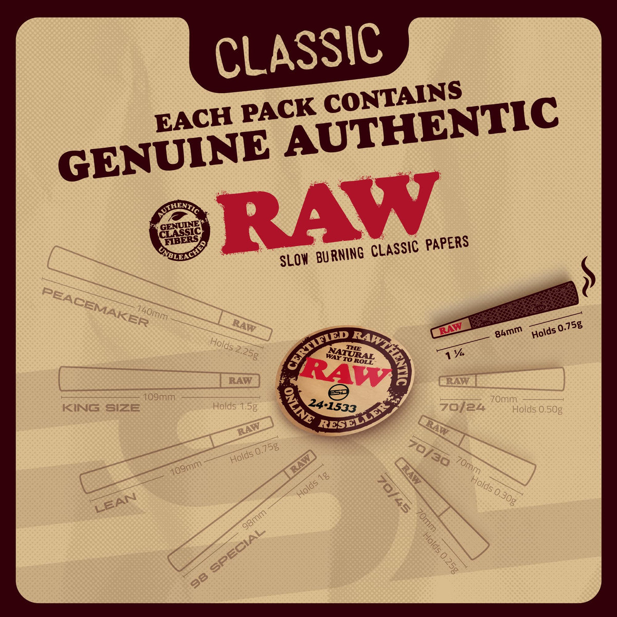 RAW Cones Classic 1-1/4 Size 84mm - 150 Pack Pre Roll Rolling Paper
