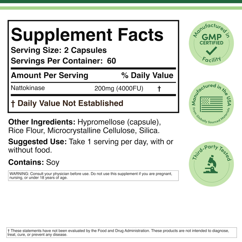 Nattokinase 2,000 FU, Cardiovascular + Blood Pressure Support, 120 Capsules | Blood Flow + Circulation Support, Fibrinolytic Enzyme, Nattokinase Supplement, Two Capsules for 4000 FU, Third-Party Tested