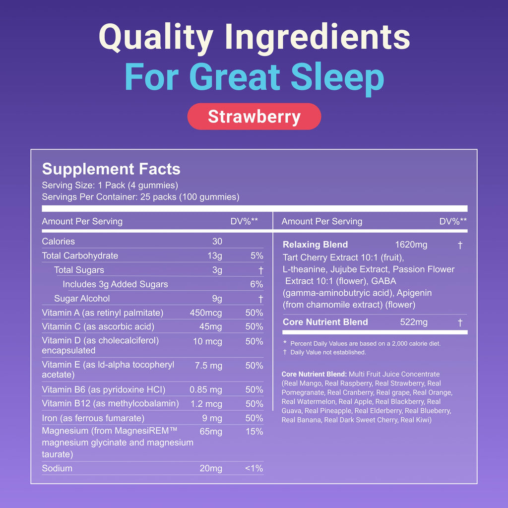 MoonBrew Strawberry Sleep + Vitamin Gummies - 8 Essential Vitamins & Minerals, Natural Magnesium Calming Aid, Melatonin-Free, 25-Pack (100 Gummies)