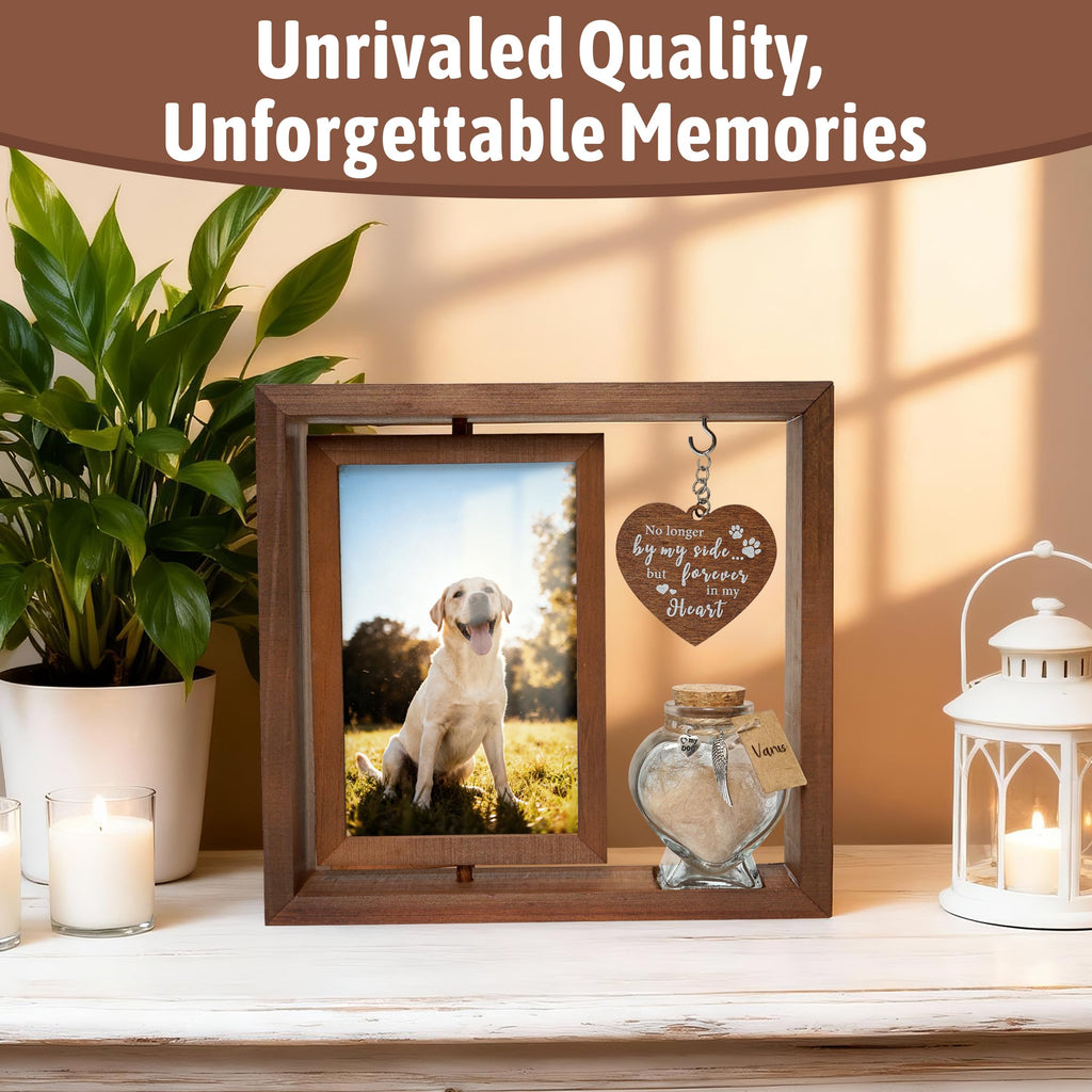 Dog Memorial Gifts for Loss of Pet - Rotating Wooden Frame for 4x6 Photo & Fur Hair Jar - Sympathy Gift for Pet Bereavement, Remembrance Keepsake - Rainbow Bridge Gift for Dog Lovers & Cat Lovers
