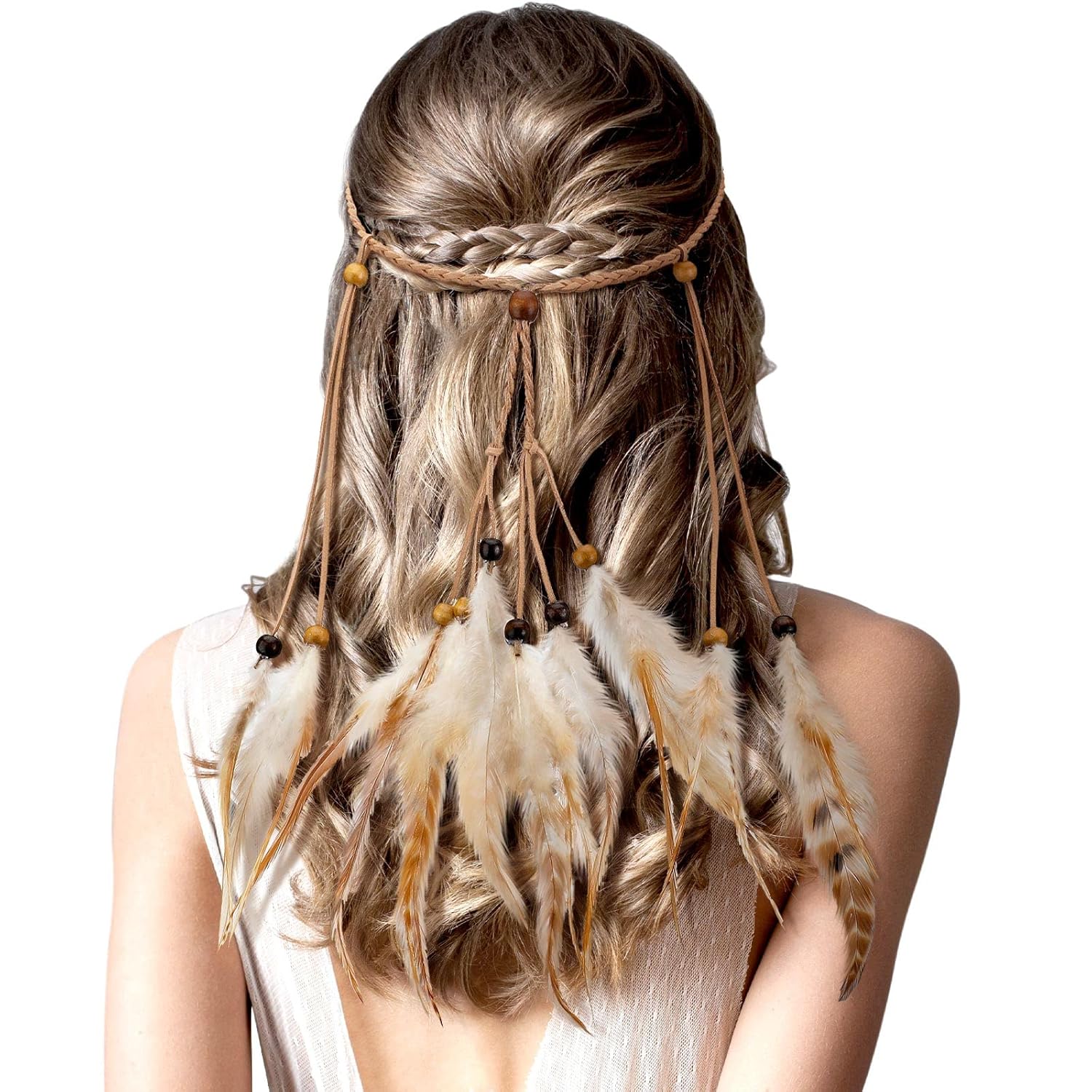 Buy now XunYee Feather Hippie Headband for Women - Indian Feather Hair Accessories for Costume (Classic Style) White and Light Brown at indiglob india