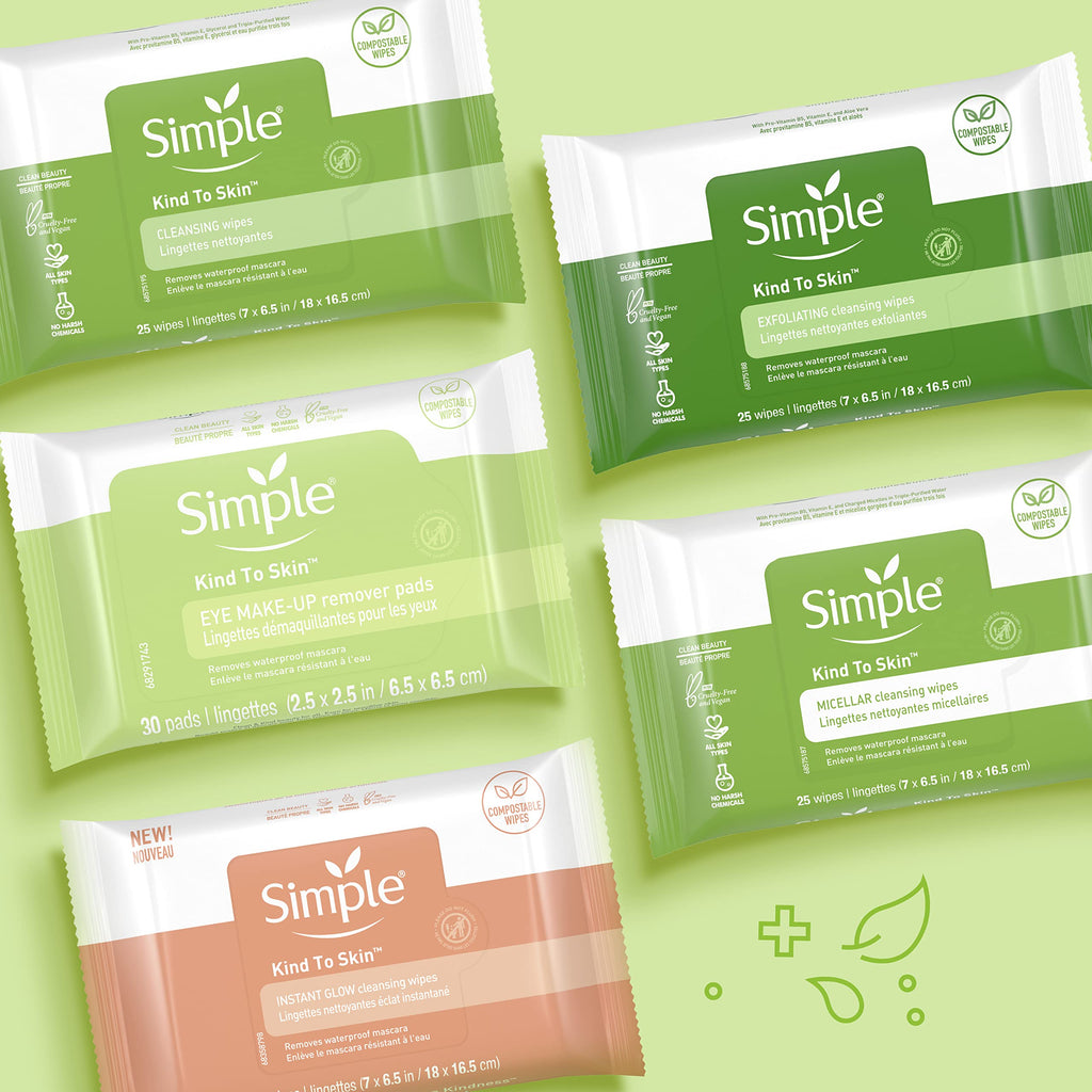 Simple Kind to Skin Facial Wipes Gentle and Effective Makeup Remover Cleansing Free from color and dye, artificial perfume and harsh chemicals 25 Wipes