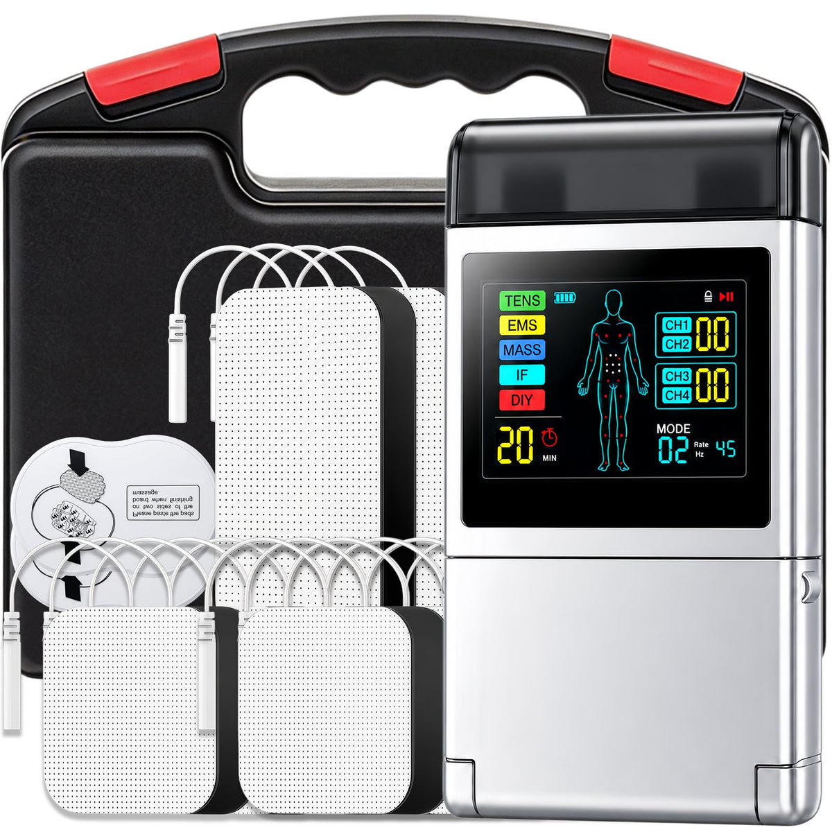 TENS EMS Unit Muscle Stimulator for Pain Relief,5-in-1 & 80 Modes 4 Channel 30 Intensity Electronic Pulse Massager,Large Color LCD Display with 16 Electrode Pads for Shoulder,Neck,Back,Sciatica