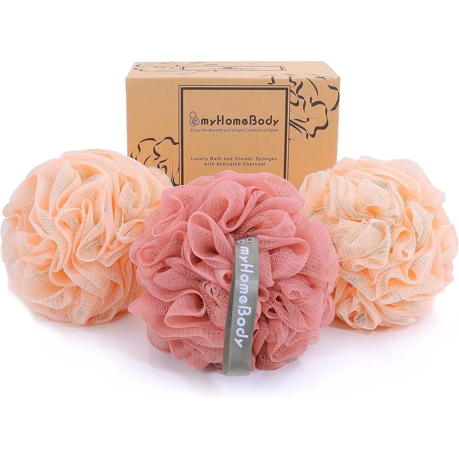 Buy now myHomeBody Large 70g Loofah Sponge, Bath Body Scrubber for Women, Men, Exfoliating Shower Pouf with Activated Charcoal - 2 Graphite Gray + 1 Sage Green, 3 Pack 2 Peach + 1 Coral Red at indiglob india