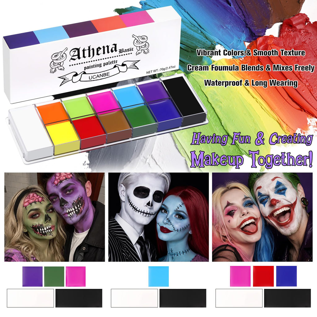 UCANBE Athena Basic Face Body Paint Oil Palette, 12 Color Large Black White Professional Face Painting Makeup Kit, Facepaint Pallet for Halloween SFX Party Art Stage Costume Cosplay Clown Goth Make Up