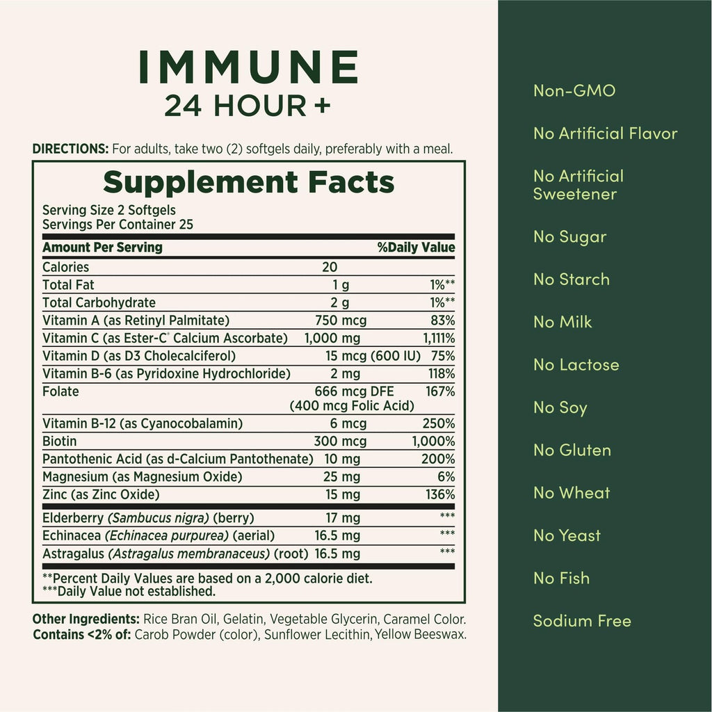 Nature's Bounty Immune 24 Hour +, 2 Softgels per Day, 50 Count