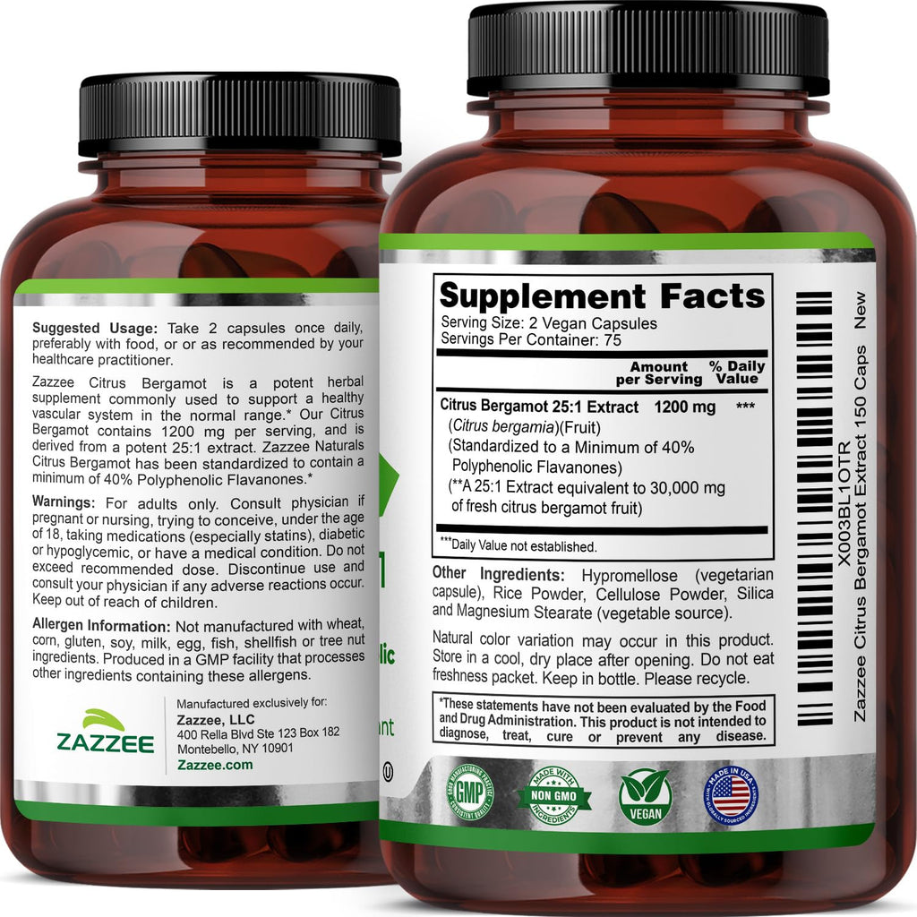 Zazzee Citrus Bergamot 25:1 Extract, 1200 mg Per Serving, 150 Capsules
