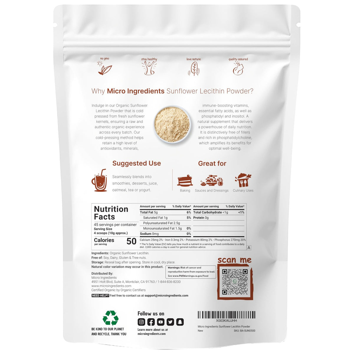 Organic Sunflower Lecithin Powder, 1 Pound, Sustainable Farmed, Cold Pressed, Rich in Phosphatidyl Choline and Protein, Making Liposomal Vitamin C, Lactation Supplement, Non-GMO
