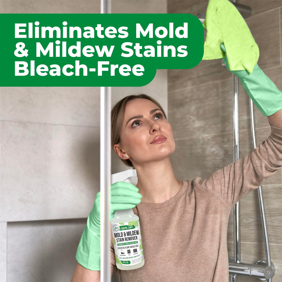 Mighty Mint Mold & Mildew Stain Remover Spray, Rapid Clean for Bathroom, Kitchen, Hard Water, Outdoors, Natural Peppermint Scent, 16oz