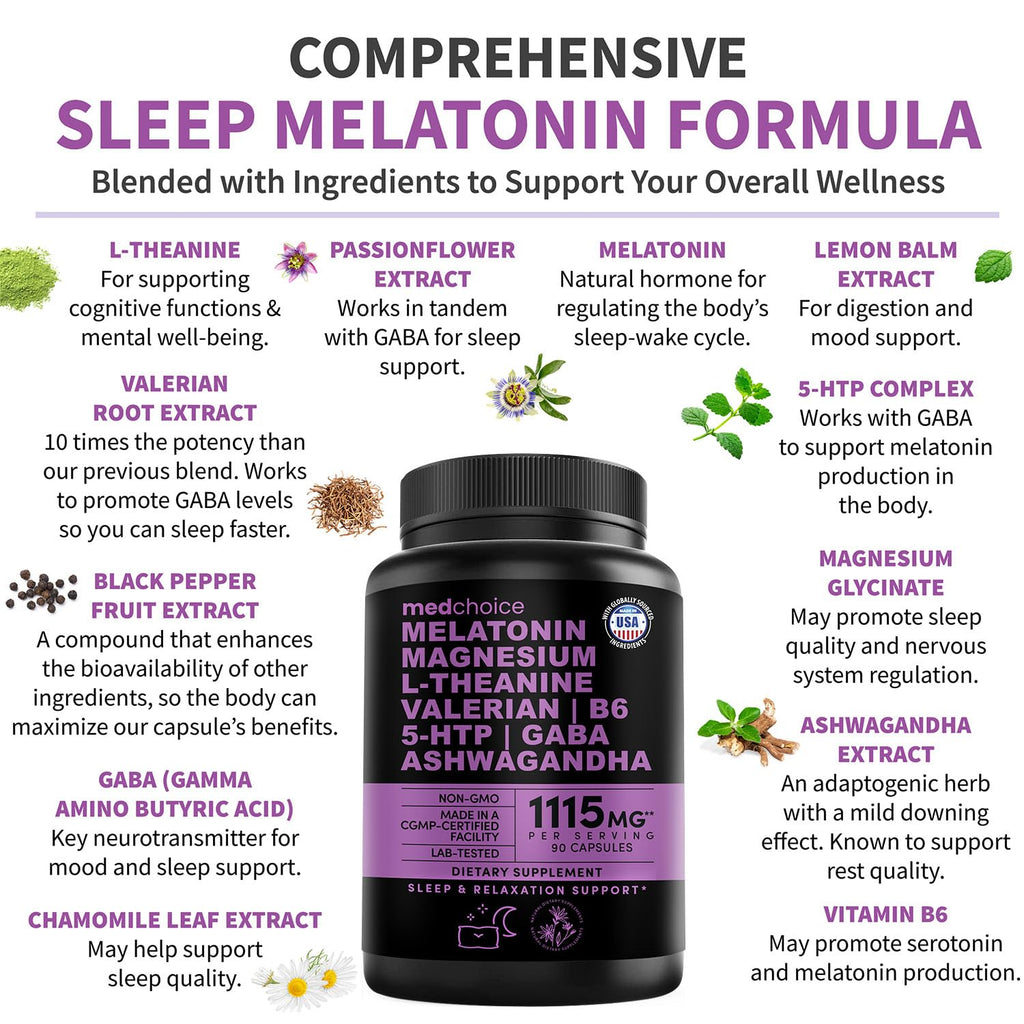 12-in-1 Melatonin Sleep Capsules - Natural Sleep Aids for Adults with Melatonin 5mg and Magnesium Glycinate 500mg, Sleep Aid with Ashwagandha, L Theanine, Valerian Root, GABA, 5-HTP (90ct, Pack of 2)