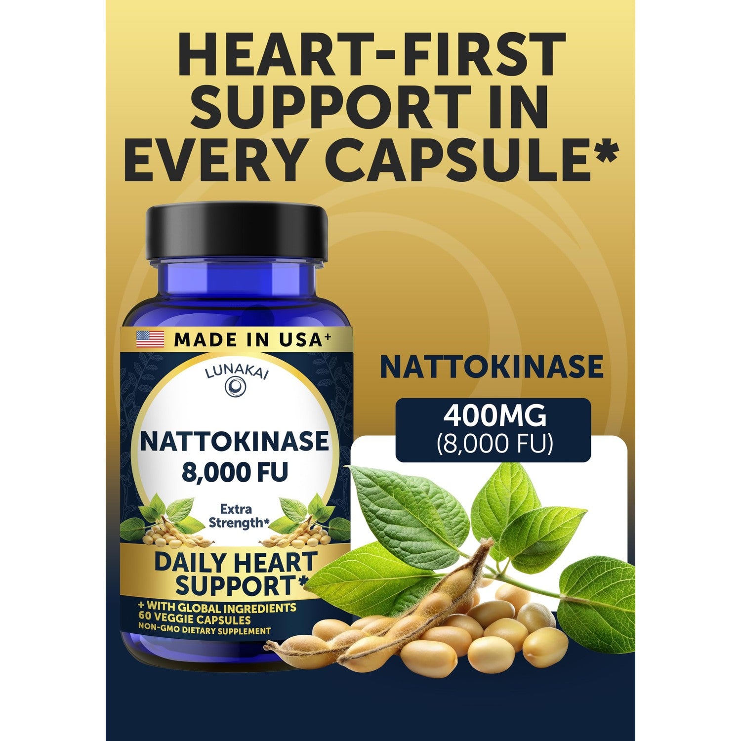 Lunakai USA Made Nattokinase Supplement – 400mg Natto Enzyme, 8000 FU per Serving – Heart & Circulation Support – Non-GMO, 60ct, 4000 FU Capsule