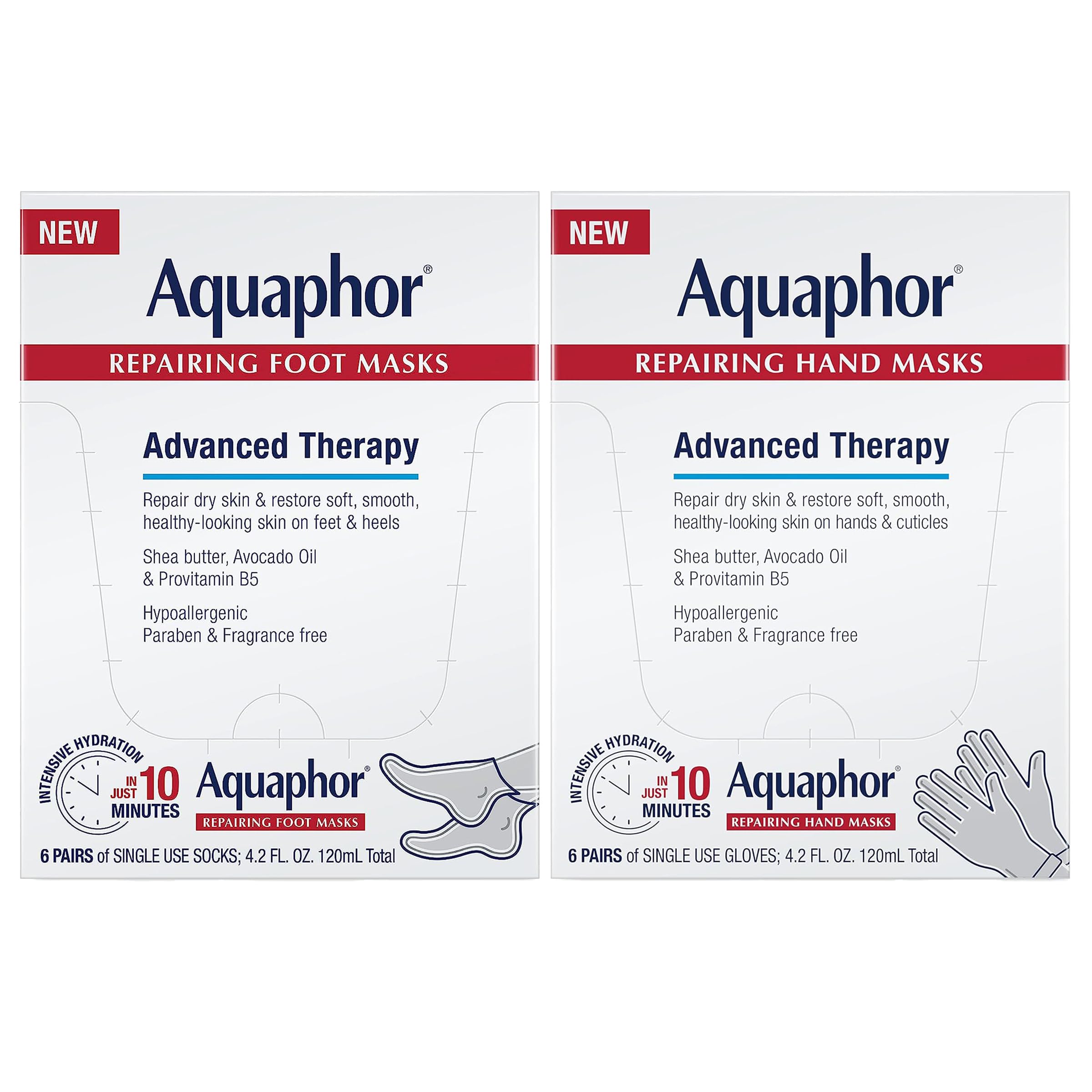 Aquaphor Advanced Therapy Repairing Foot Masks, 6 Masks x 0.7 FL OZ | Moisturizing Socks for Dry Feet, Hydrating Foot Care Treatment with Avocado Oil and Shea Butter, Paraben and Fragrance Free