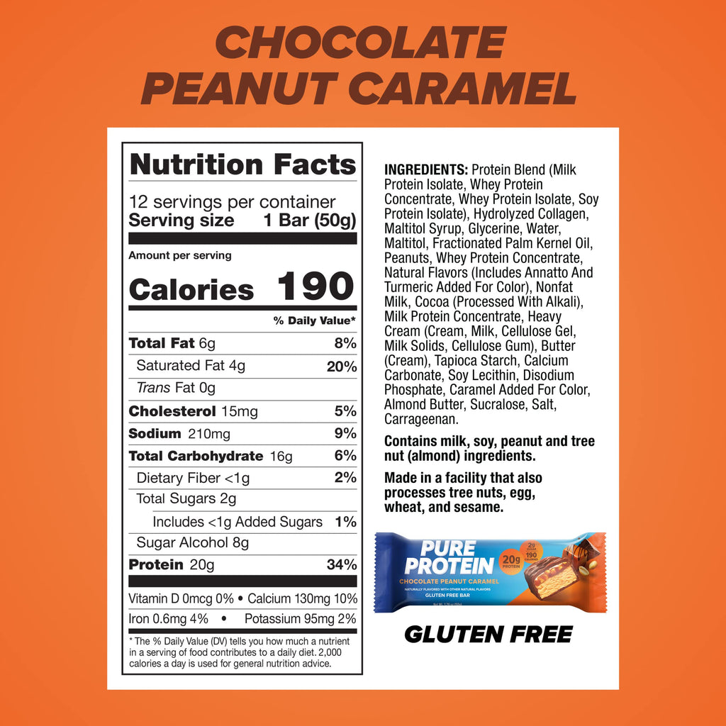 Buy now Pure Protein Chocolate Peanut Caramel Protein Bars – 20g Protein, 3g Sugar, 190 Calories (12 count) Low Sugar* High Protein Snack - Gluten Free - Perfect for a Healthy Snack at indiglob india